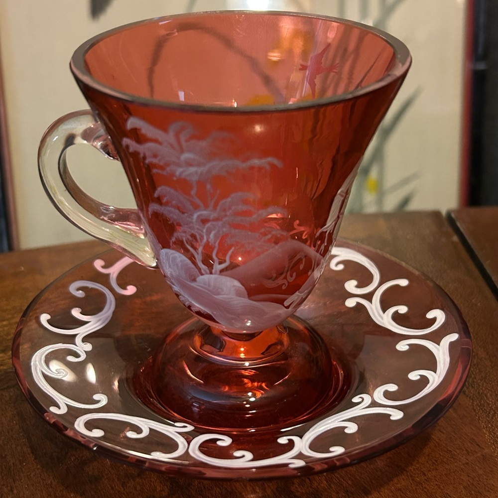 RARE Mary Gregory Cranberry Glass to Teacup and Saucer Set